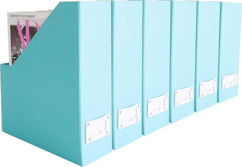 BLU MONACO Set of 6 Aqua Magazine File Holders | Foldable Magazine Storage Boxes with White Leather Label Holders | Vertical File Organizer for Desk, Shelves & Home Office - Image 1